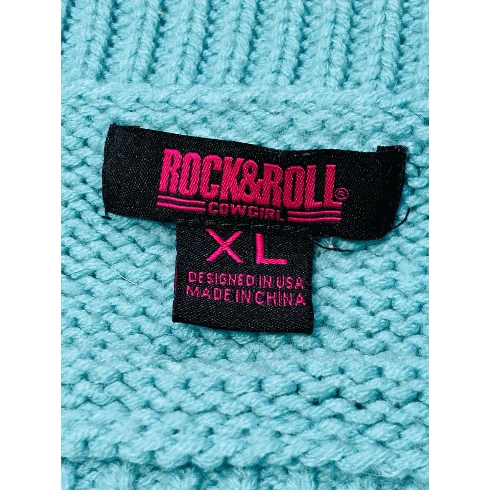 Rock &‎ Roll Cowgirl Women's XL Fringe Cowl Neck Chunky Knit Sweater Turquoise